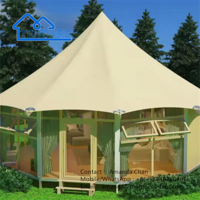کمپینگ سفارشی در فضای باز پارچه شیشه ای دیوار لودج چادر چند گوشه ای با حمام